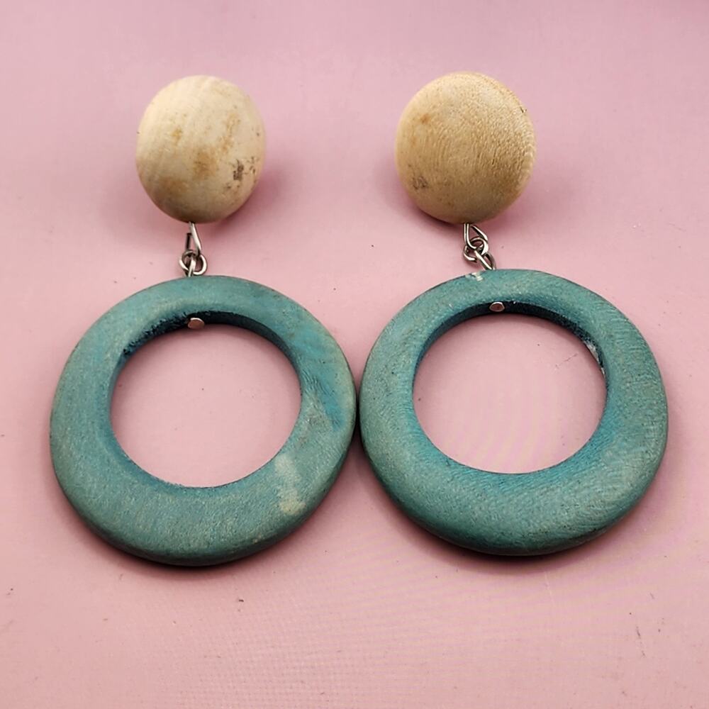 Vintage Teal Natural Wood Oval Hoop Drop Earrings Chunky Statement Boho